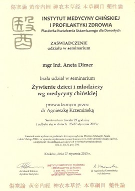 Certyfikat Aneta Dimer